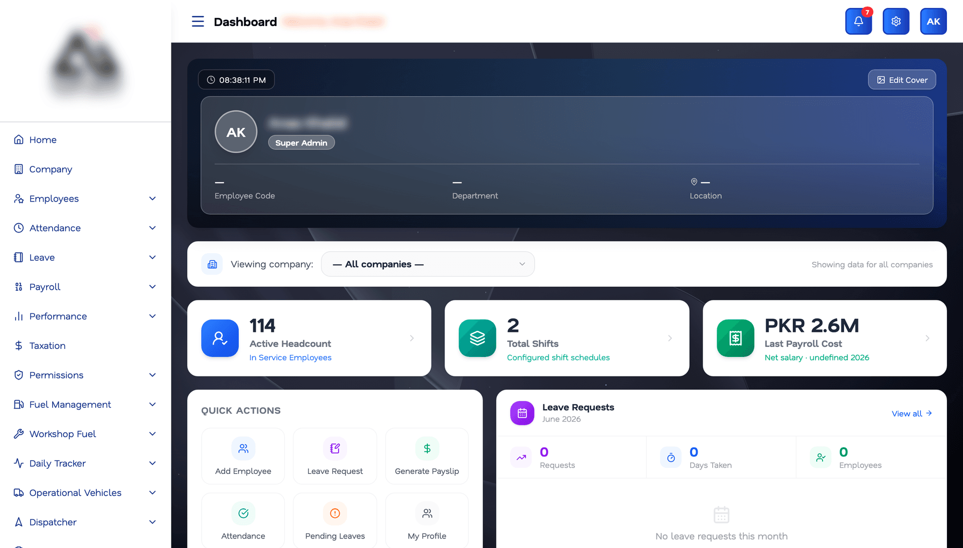HRM & Payroll software interface, live in production